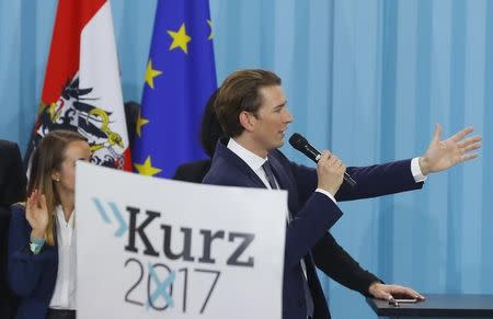 Top candidate of the People's Party (OeVP) Sebastian Kurz attends his party's victory celebration meeting in Vienna, Austria, October 15, 2017. REUTERS/Leonhard Foeger