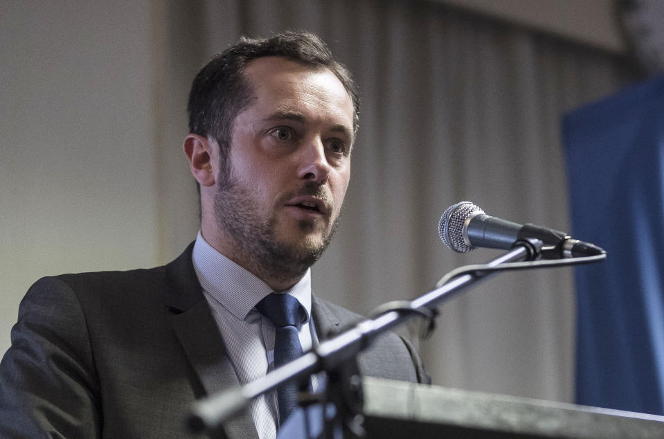 Far-right candidate of the National Rally party Nicolas Bay, speaks during a media conference for the upcoming European elections next month in Strasbourg, eastern France, Monday, April 15, 2019. (AP Photo/Jean-Francois Badias)