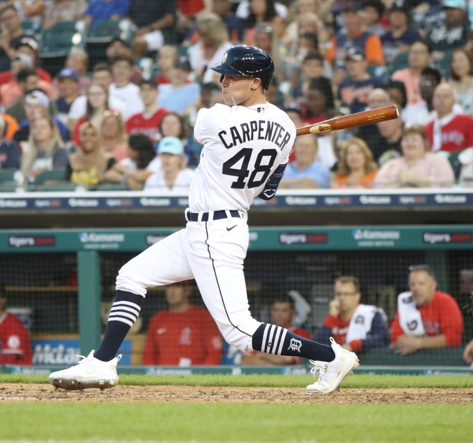 Detroit Tigers right fielder Kerry Carpenter (48) bats against Los Angeles Angels starting pitcher Patrick Sandoval (43) during fifth-inning action at Comerica Park in Detroit on Friday, Aug. 19, 2022.