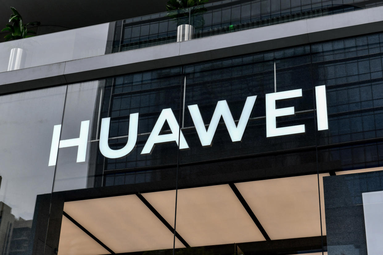 This photo taken on May 31, 2021 shows a Huawei logo at the flagship store in Shenzhen, in China's southern Guangdong province. - China OUT (Photo by STR / AFP) / China OUT (Photo by STR/AFP via Getty Images)