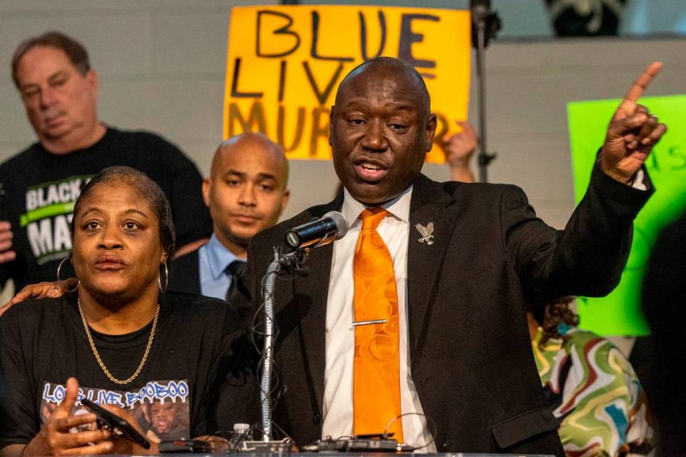 Civil Rights Attorney Ben Crump leads a press conference Friday, May 5, 2023 at Mount Peace Baptist Church alongside Sonya Williams, the mother of Darryl “Tyree” Williams, a Black man who died after being tased by Raleigh police in January.