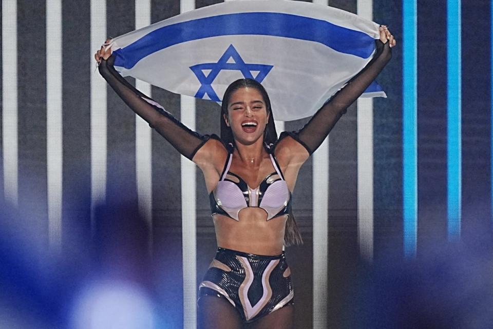 Israel’s last entrant Noa Kirel during the opening of the grand final for the Eurovision Song Contest final at the M&S Bank Arena in Liverpool in 2023. (PA)