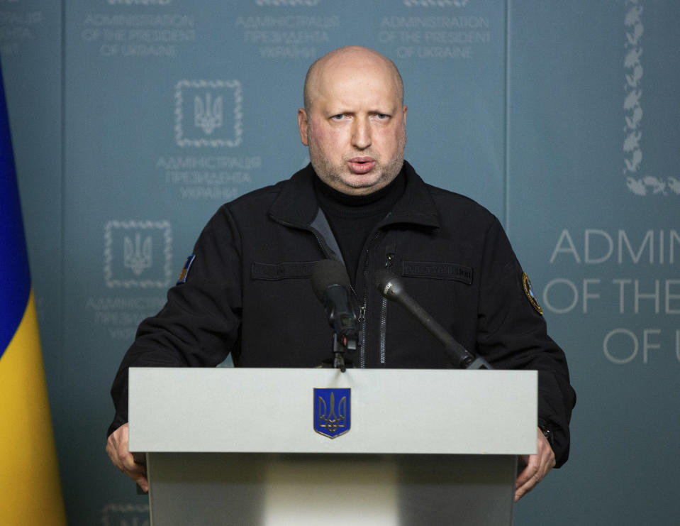 Oleksandr Turchynov, the Secretary of the National Security and Defense Council of Ukraine, speaks during his statement in Kiev, Ukraine, Sunday, Nov. 25, 2018. Russia's coast guard opened fire on and seized three of Ukraine's vessels Sunday, wounding two crew members, after a tense standoff in the Black Sea near the Crimean Peninsula, the Ukrainian navy said. (Mykhailo Markiv, Presidential Press Service via AP, Pool)