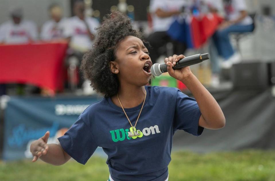 Twelve-year-old rapper Macyn “Mac Sauce” McMillian of Kansas City performed in the pre-parade show.