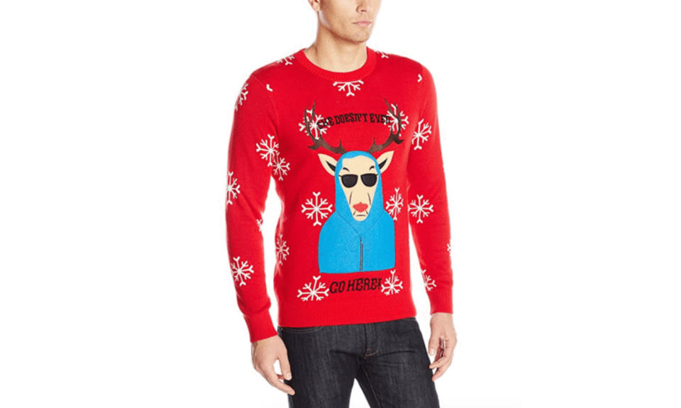 <p>Quit trying to make ugly Christmas sweaters happen, Gretchen Wieners. <strong><a rel="nofollow noopener" href="https://holidaycrush.com/collections/knitted-sweaters/products/mean-girls-she-doesnt-even-go-here-sweater?variant=52930700179" target="_blank" data-ylk="slk:Buy here;elm:context_link;itc:0" class="link ">Buy here</a></strong> </p>