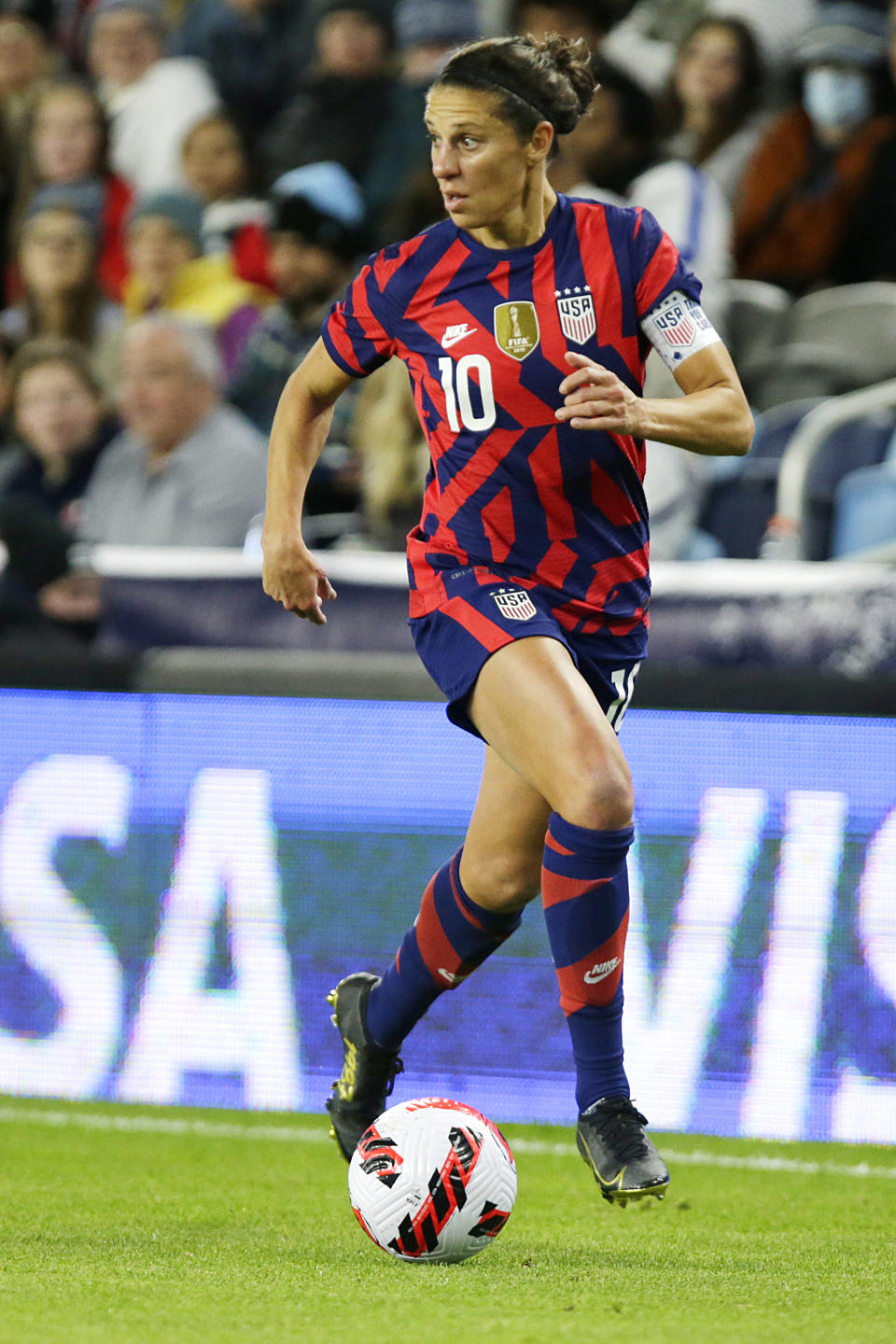 United States forward Carli Lloyd controls the ball against South Korea in the first half of a soccer friendly match against South Korea, Tuesday, Oct. 26, 2021, in St. Paul, Minn. (AP Photo/Andy Clayton-King)