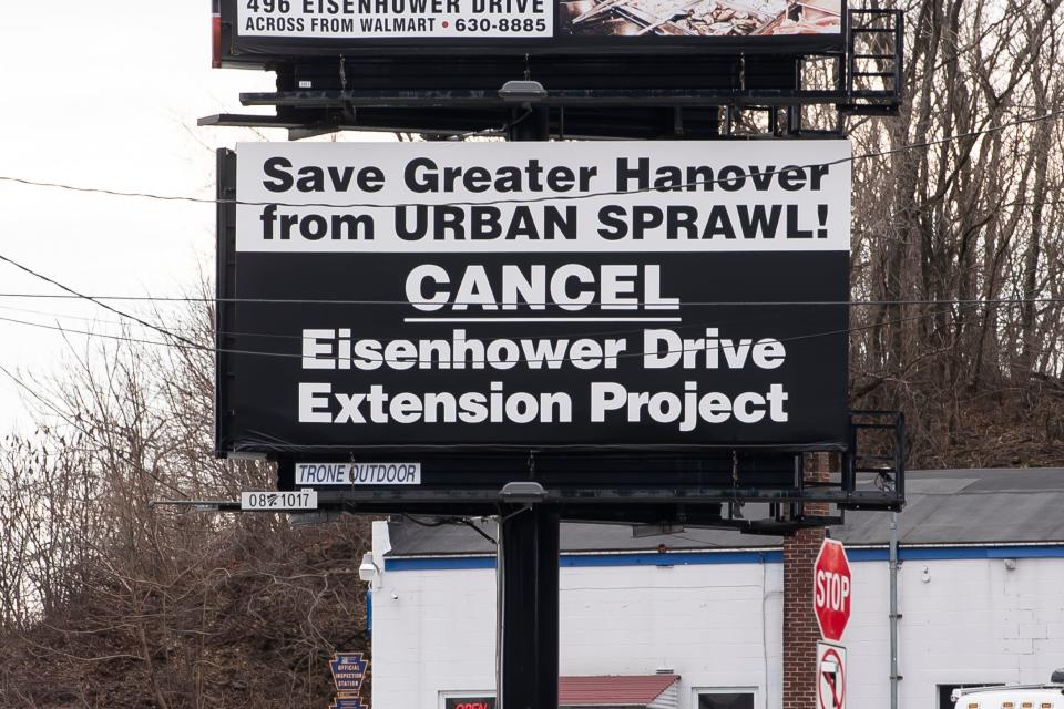 A billboard  advertisement opposed to the Eisenhower Drive Extension project is displayed on the southbound side of Carlisle Pike (Rt. 94) in Oxford Township on Thursday, January 14, 2021.