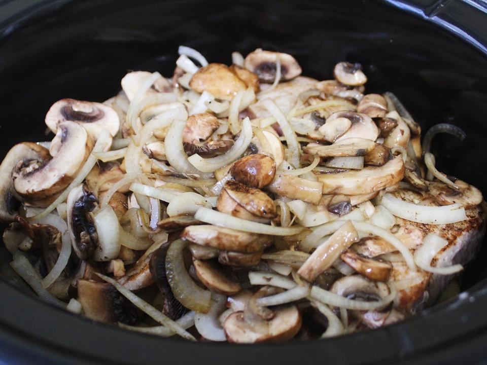slow cooker pork chops mushrooms and onions in a crock pot