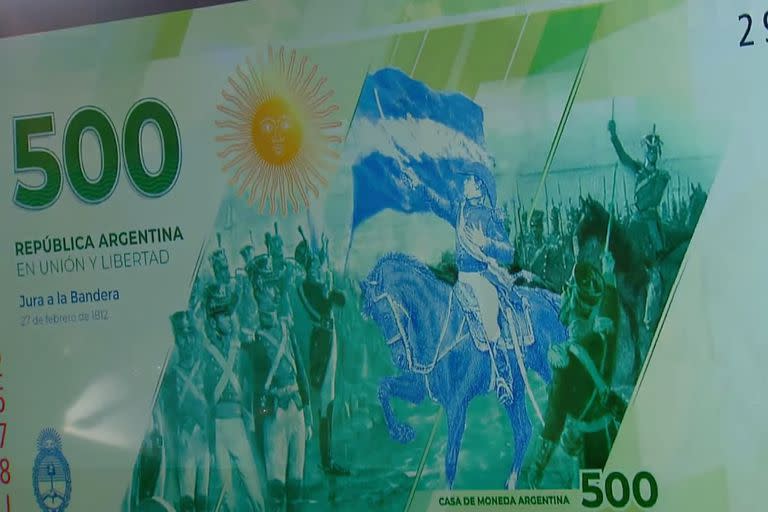 El anverso del nuevo billete de 500 pesos muestra la Jura a la Bandera, ocurrida el 27 de febrero de 1812 (Foto: Captura de video)