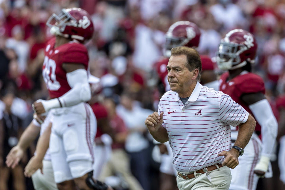 Alabama head coach Nick Saban takes to the field during warmups before an NCAA college football game against Texas, Saturday, Sept. 9, 2023, in Tuscaloosa, Ala. (AP Photo/Vasha Hunt)