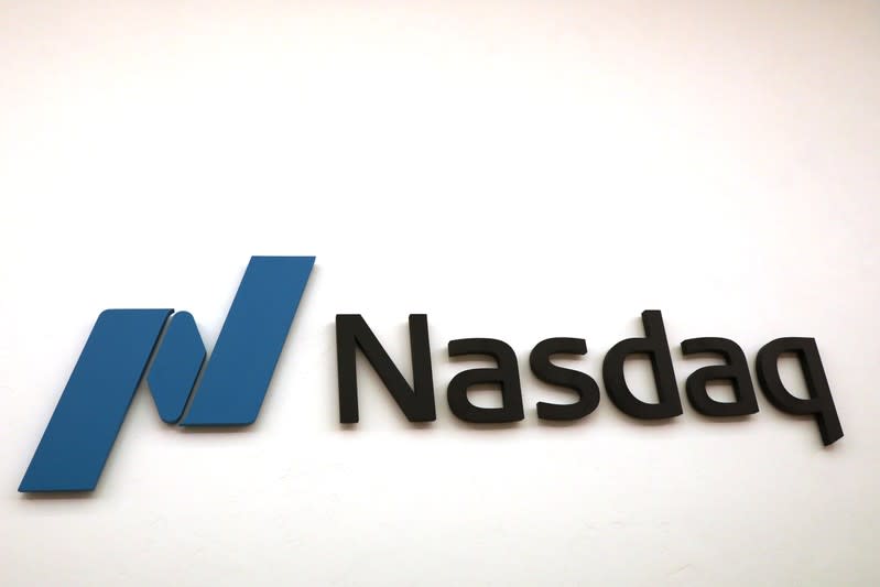 The Nasdaq logo is displayed at the Nasdaq Market site in New York