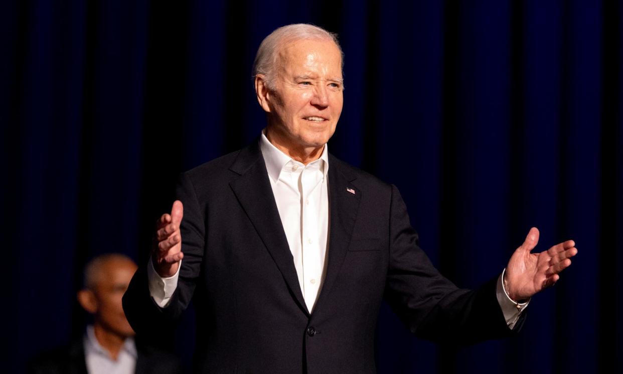 <span>Joe Biden arrives for a campaign event at the Peacock Theater, on 15 June 2024, in Los Angeles, California.</span><span>Photograph: Alex Brandon/AP</span>