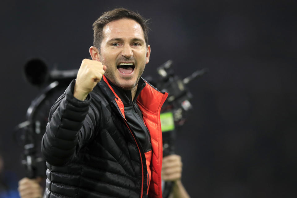 Chelsea's head coach Frank Lampard celebrates at the end of the group H Champions League soccer match between Ajax and Chelsea at the Johan Cruyff ArenA in Amsterdam, Netherlands, Wednesday, Oct. 23, 2019. Chelsea won 1:0. (AP Photo/Peter Dejong)