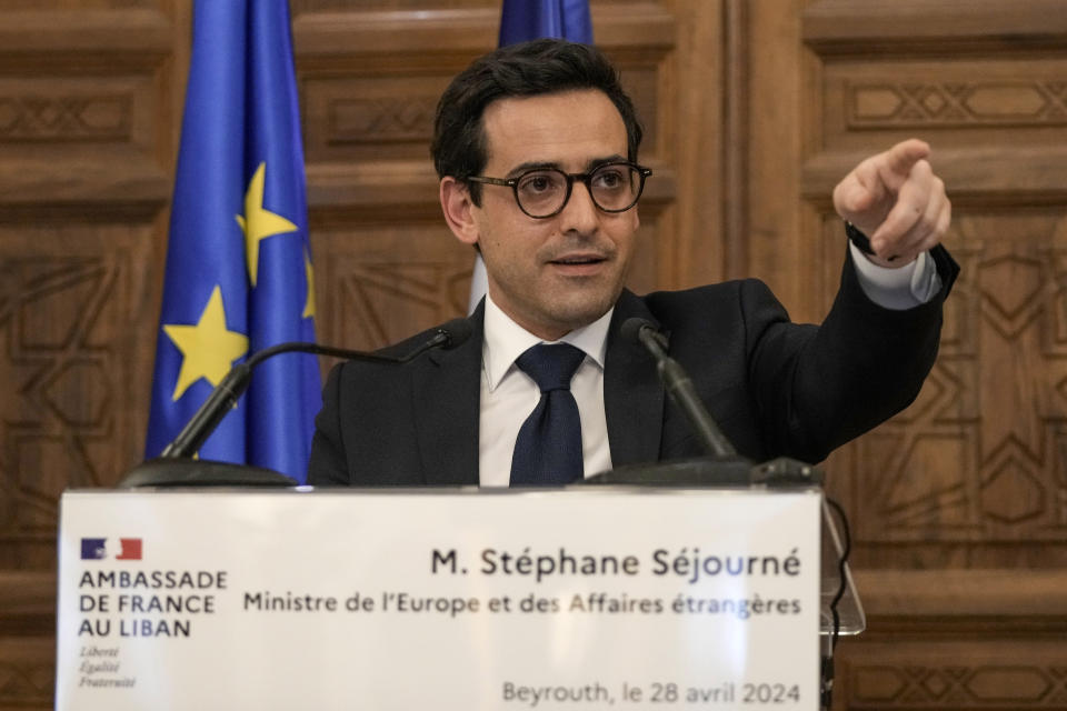 French Foreign Minister Stephane Sejourne, gestures as he speaks during a press conference at the Pine Palace, which is the residence of the French ambassador, in Beirut, Lebanon, Sunday, April 28, 2024. (AP Photo/Hassan Ammar)