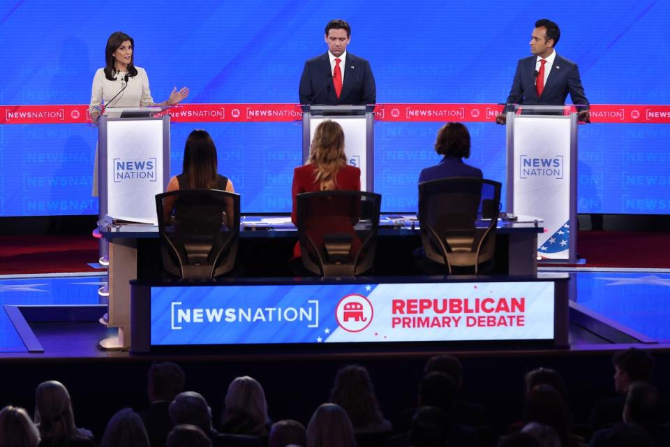 Republican presidential candidates (L-R) former U.N. Ambassador Nikki Haley, Florida Gov. Ron DeSantis and Vivek Ramaswamy participate in the NewsNation Republican Presidential Primary Debate at the University of Alabama Moody Music Hall on December 6, 2023 in Tuscaloosa, Alabama (Getty Images)