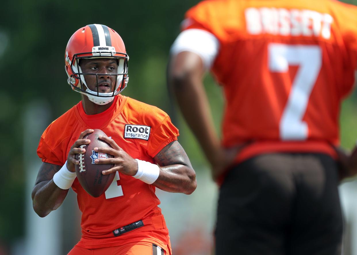 Cleveland Browns quarterback Deshaun Watson runs drills during the NFL football team's football training camp in Berea on Monday.