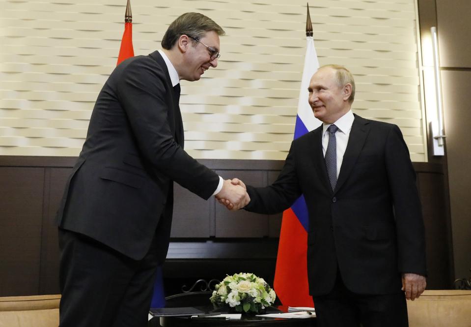 Russian President Vladimir Putin shakes hands with his Serbian President Aleksandar Vucic in the Bocharov Ruchei residence in the Black Sea resort of in Sochi, Russia, Wednesday, Dec. 4, 2019. (Shamil Zhumatov, Pool Photo via AP) Shamil Zhumatov/Pool