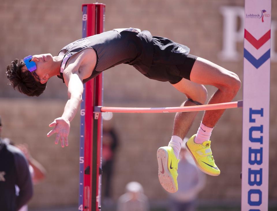 Clint Horizon’s Ricardo Leyva competes in high jump during the Region I-5A track and field meet, Saturday, April 29, 2023, at Lowrey Field. 