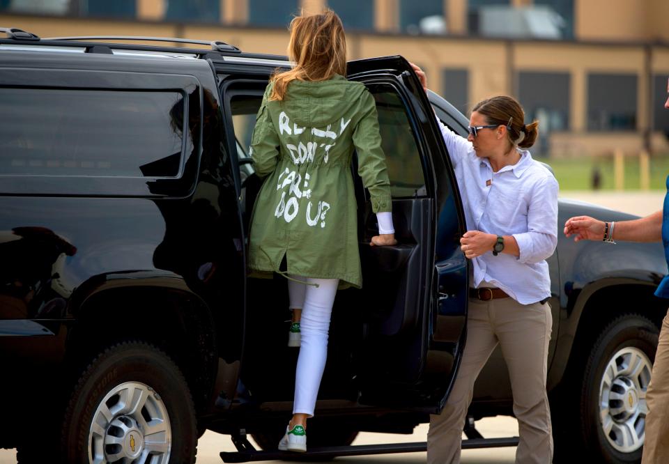 In this June 21, 2018, file photo, first lady Melania Trump arrives at Andrews Air Force Base, Md., wearing a Zara jacket that reads, "I don't really care. Do U?" after visiting the Upbring New Hope Children Center run by the Lutheran Social Services of the South in McAllen, Texas. She later explained it was "for the people and for the left-wing media who are criticizing me."