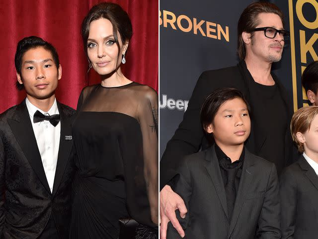 <p>Kevin Mazur/Getty ; Alberto E. Rodriguez/Getty</p> Pax Jolie-Pitt with mom Angelina Jolie, Pax Jolie-Pitt with dad Brad Pitt.