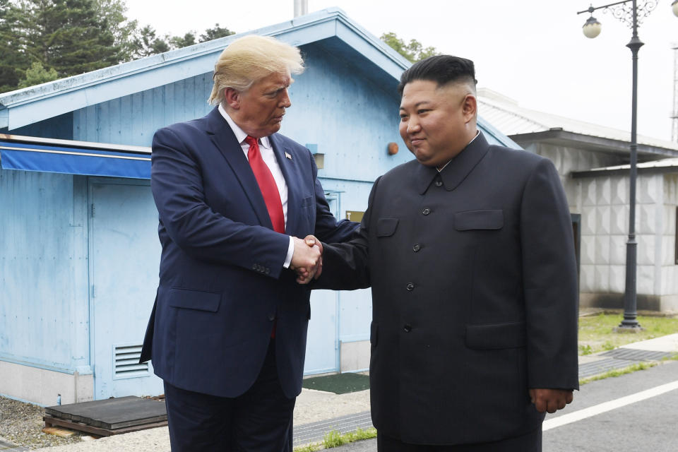 President Donald Trump meets with North Korean leader Kim Jong Un at the border village of Panmunjom in the Demilitarized Zone, South Korea, Sunday, June 30, 2019. (AP Photo/Susan Walsh)