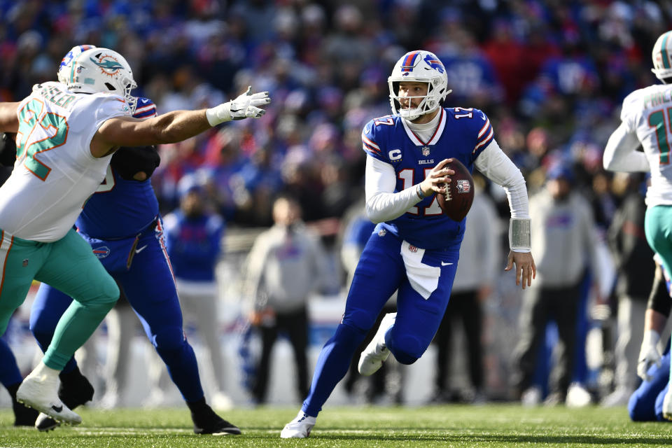 Josh Allen and the Bills eluded upset against the Dolphins in the NFL wild-card playoffs on Sunday. (AP Photo/Adrian Kraus)