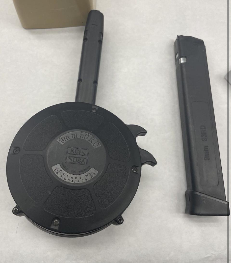 A high-capacity drum-style handgun magazine was among multiple items seized by Oxnard police at Orchard Park on Friday, Dec. 9, 2022.
