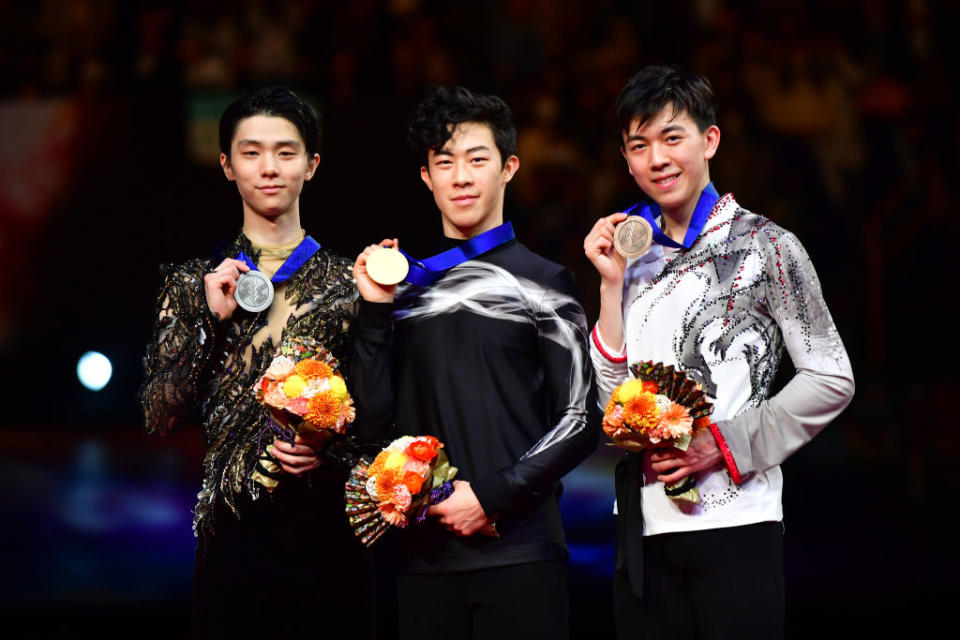 Silver medalist Yuzuru Hanyu of Japan, gold medalist Nathan Chen of the U.S. and bronze medalist Vincent Zhou of the U.S. after the medal ceremony for the Men's single at the 2019 ISU World Figure Skating Championships at Saitama Super Arena on March 23, 2019 in Saitama, Japan.<span class="copyright">Atsushi Tomura—International Skating Union via Getty Images</span>