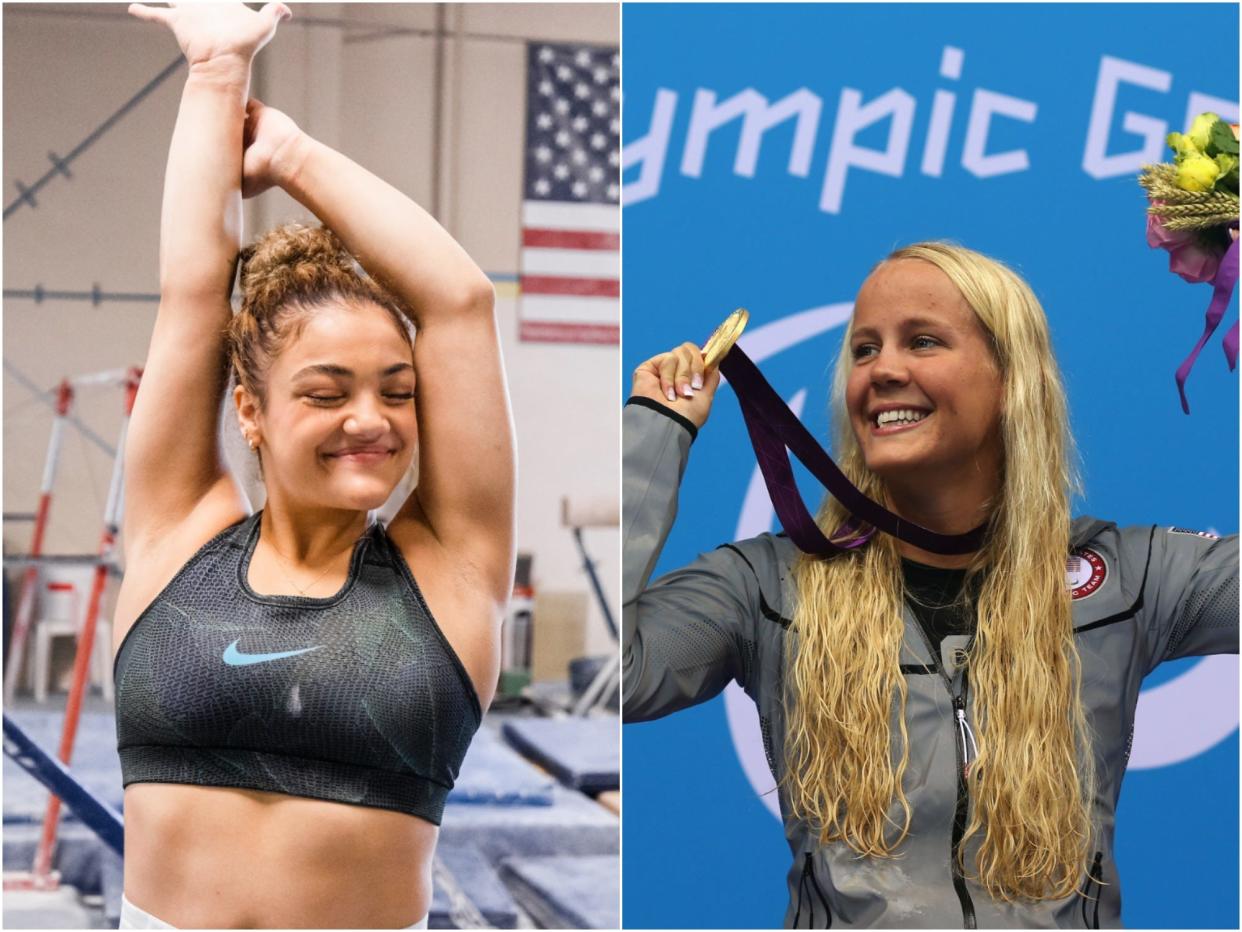 Laurie Hernandez in a gym and Mallory Weggemann at the Paralympics Games.
