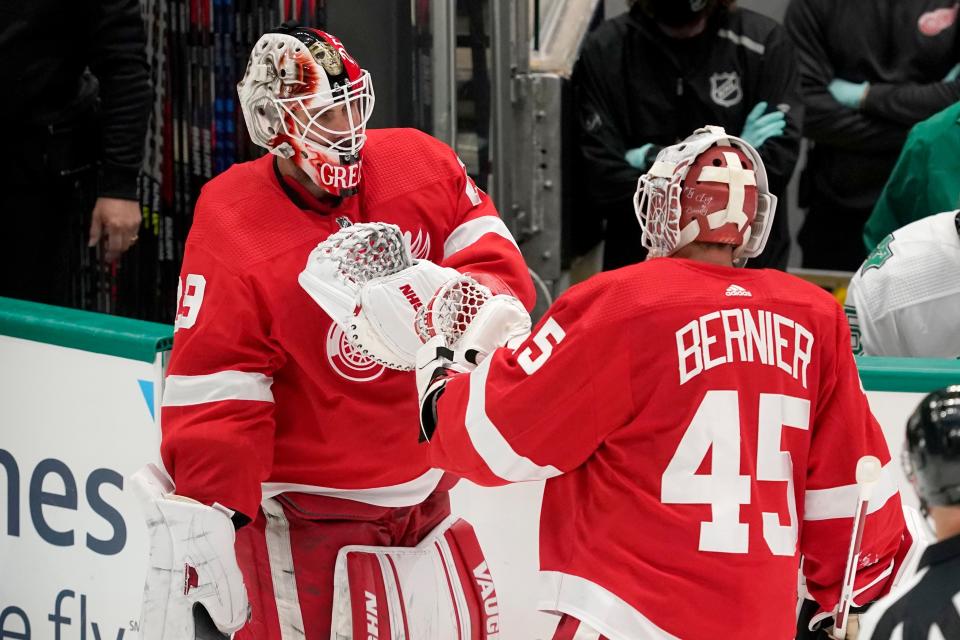 Detroit Red Wings goaltender Thomas Greiss (29) skates onto the ice to replace goaltender Jonathan Bernier (45) in the second period at American Airlines Center in Dallas on Tuesday, April 20, 2021.