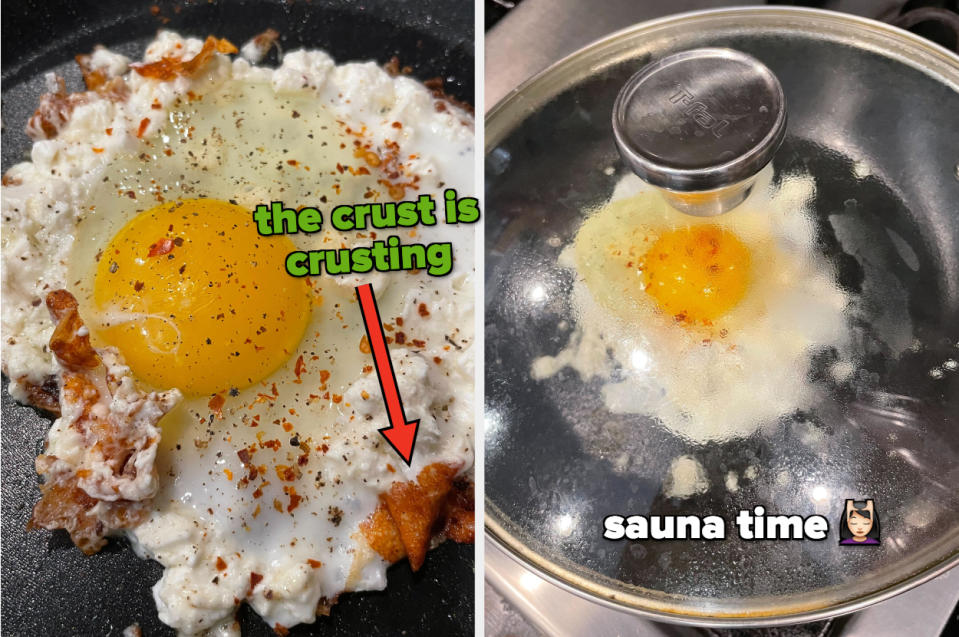 The left image is an egg cooking in a pan with the text, "the crust is crusting." The right image is a covered egg, still cooking, with the text, "sauna time"