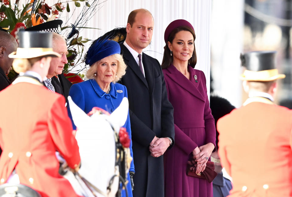 Camilla, Queen Consort, Prince William, Prince of Wales and Catherine, Princess of Wales at the Ceremonial Welcome by The King and The Queen Consort  (Karwai Tang / WireImage)