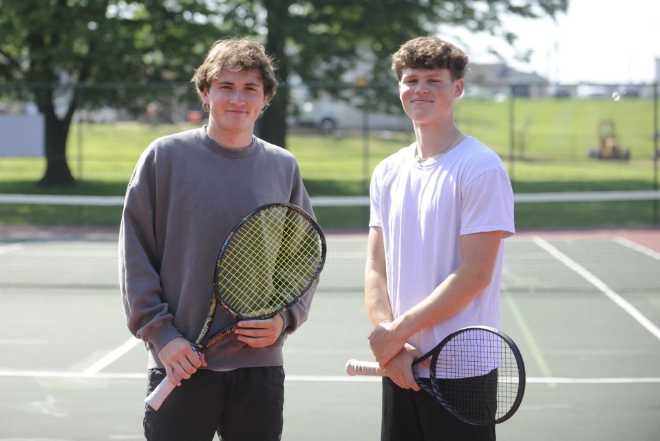Unioto tennis' team of Lucas Hanes (left) and Mason Thornsberry (right) qualified for the boys state tennis tournament after a 6-2, 6-1 win over Logan Elm at the doubles tournament on Wednesday.