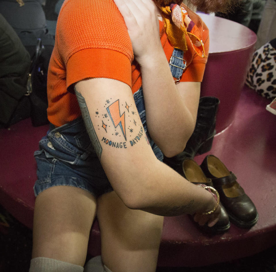 Tattoo resembling the Ziggy Stardust lightening bolt at the David Bowie Skate Tribute. 