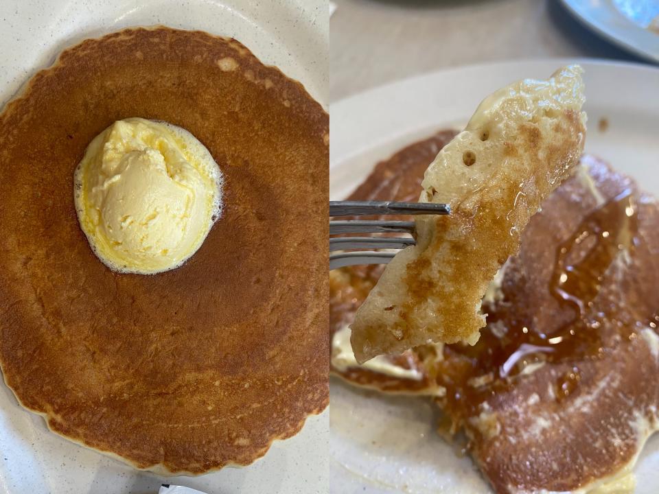 Side-by-side of pancake with butter and syrup.