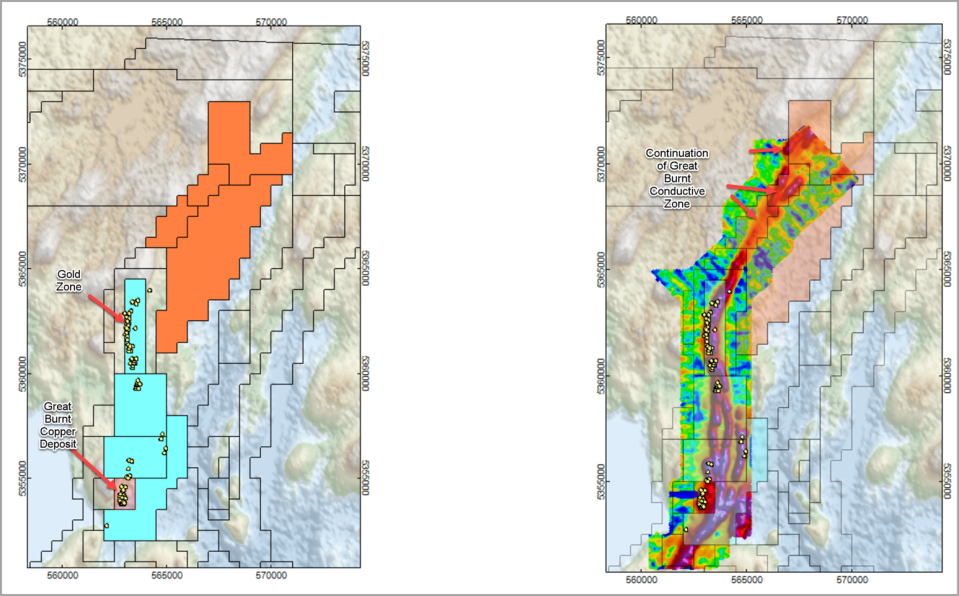 <strong>Figure 2</strong>. Great Burnt Copper Project area with Falcon claims in orange and Benton - Spruce Ridge Great Burnt Copper-Gold joint venture in blue. New claims cover conductive trends hosting copper and gold mineralization.