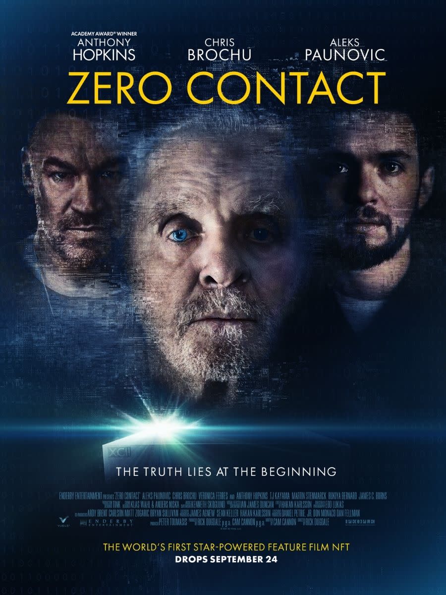 Anthony Hopkins and two co-stars in pixels against blue backdrop in Zero Contact poster. This will be an NFT film.