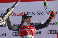 The winner Norway's Lucas Braathen celebrates after an alpine ski, men's World Cup giant slalom, in Alta Badia, Italy, Sunday, Dec. 18, 2022. (AP Photo/Alessandro Trovati)