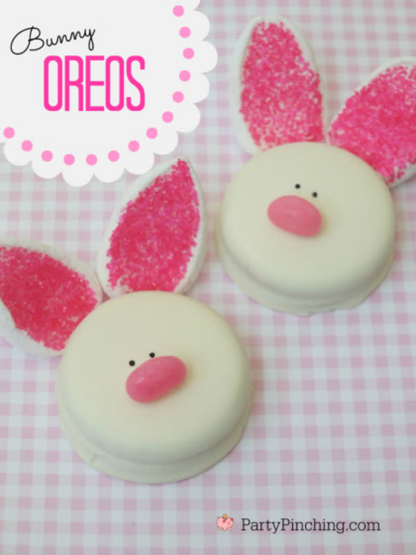 <p>Party Pinching</p><p>You can make these cute bunny cookies in minutes!</p><p><strong>Get the recipe: <a href="http://www.partypinching.com/tutorials/bunny-oreos/" rel="nofollow noopener" target="_blank" data-ylk="slk:Easy Bunny Oreos;elm:context_link;itc:0;sec:content-canvas" class="link ">Easy Bunny Oreos</a></strong></p>