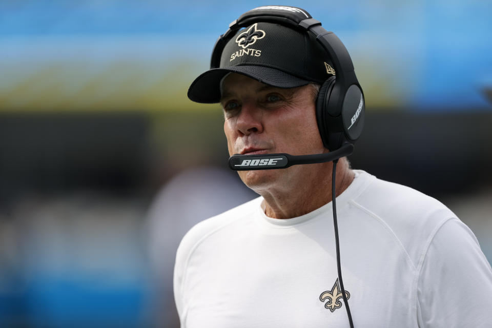 New Orleans Saints head coach Sean Payton watches during the second half of an NFL football game against the Carolina Panthers Sunday, Sept. 19, 2021, in Charlotte, N.C. (AP Photo/Nell Redmond)