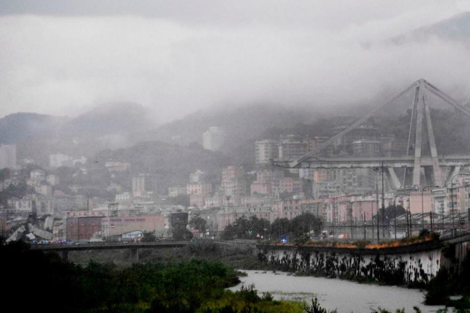 A view of the collapsed Morandi highway bridge in Genoa (AP)