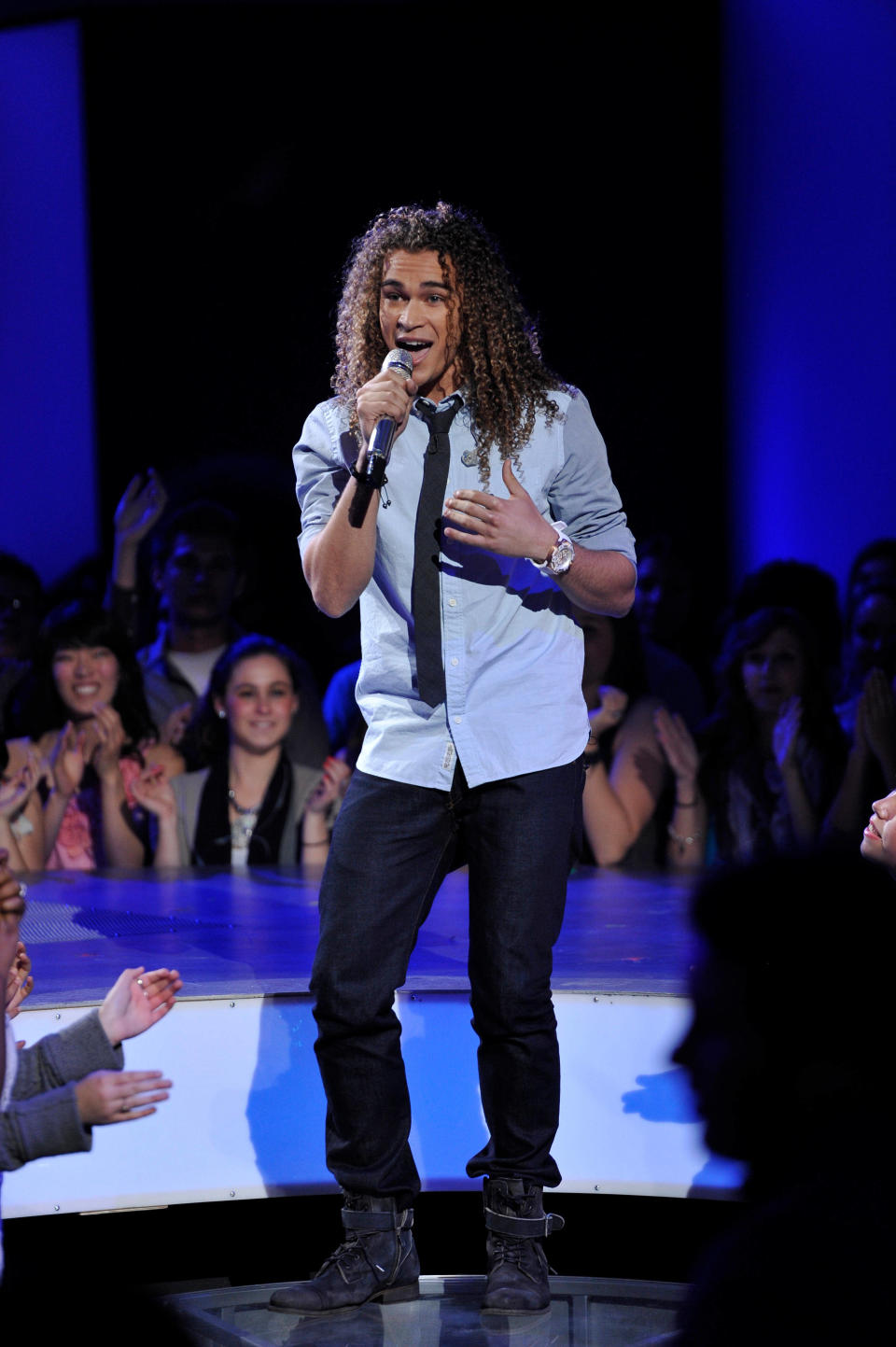 In this April 4, 2012 photo released by Fox, DeAndre Brackensick performs on the singing competition series "American Idol," in Los Angeles. (AP Photo/Fox, Michael Becker)