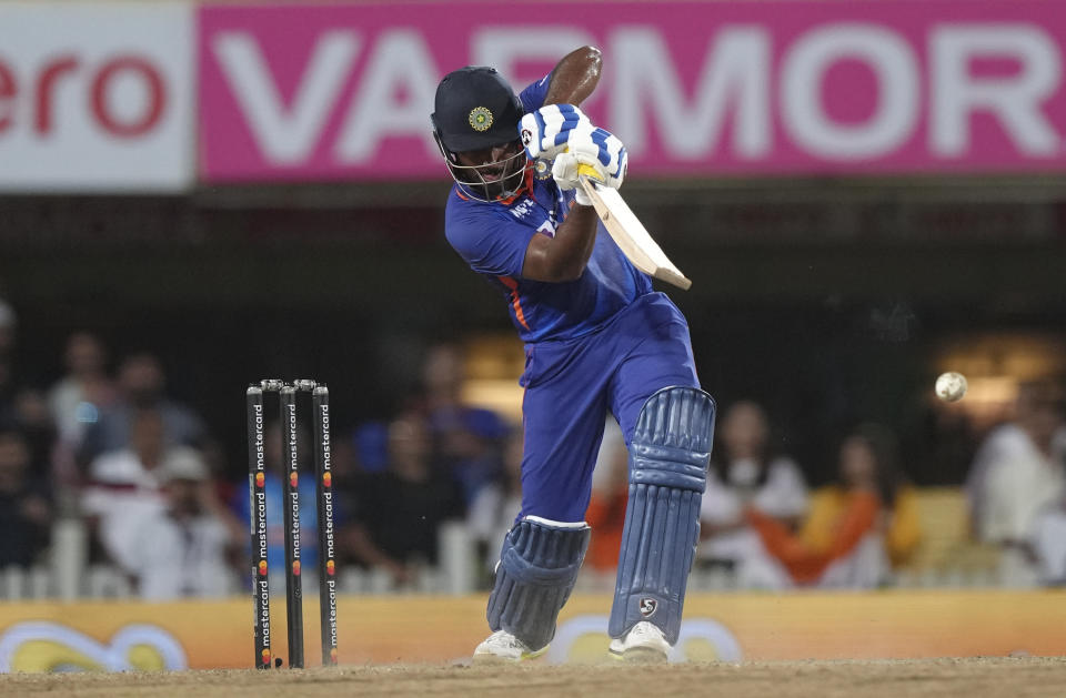 India's Sanju Samson plays a shot during the second one day international cricket match between India and South Africa, in Ranchi , India, Sunday, Oct. 9, 2022. (AP Photo/Mahesh Kumar A.)