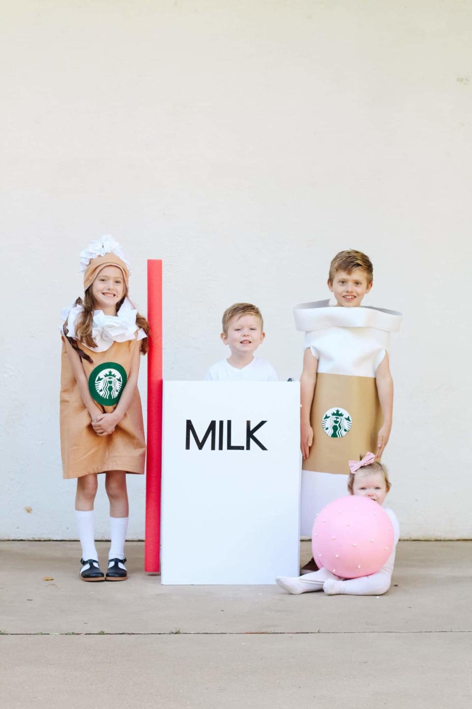 kids dressed as starbucks drinks, milks and a cake pop  (Arin Solange at Home )