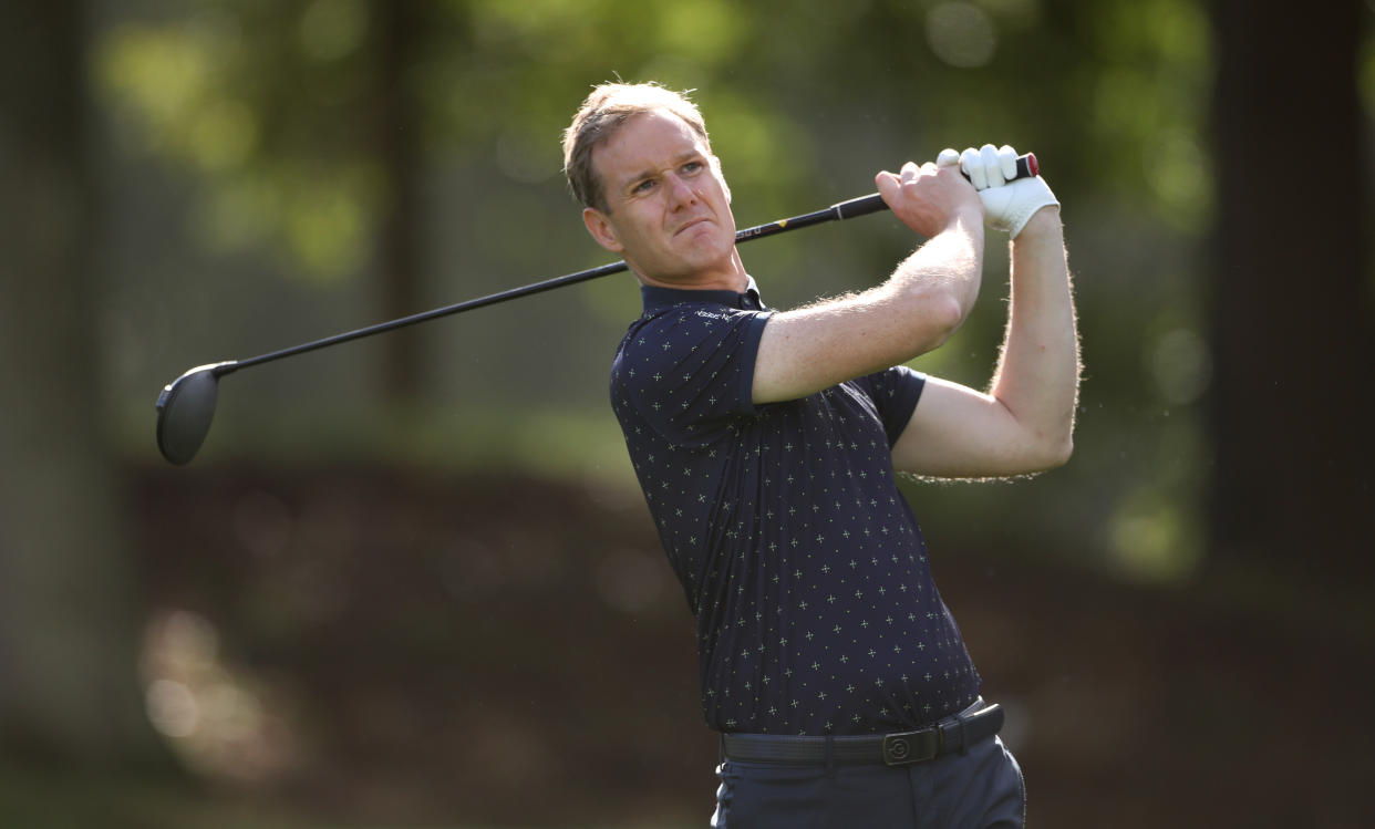 Dan Walker tees off the 6th hole during the BMW PGA Championship Pro-Am at Wentworth Golf Club on September 07, 2022 in Virginia Water, England. (Photo by Oisin Keniry/Getty Images)
