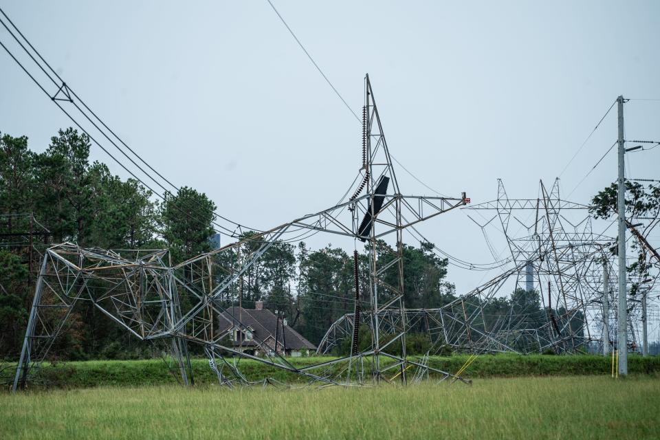 Hurricane Laura's high winds played havoc with these transmission towers and big kilovolt lines.
