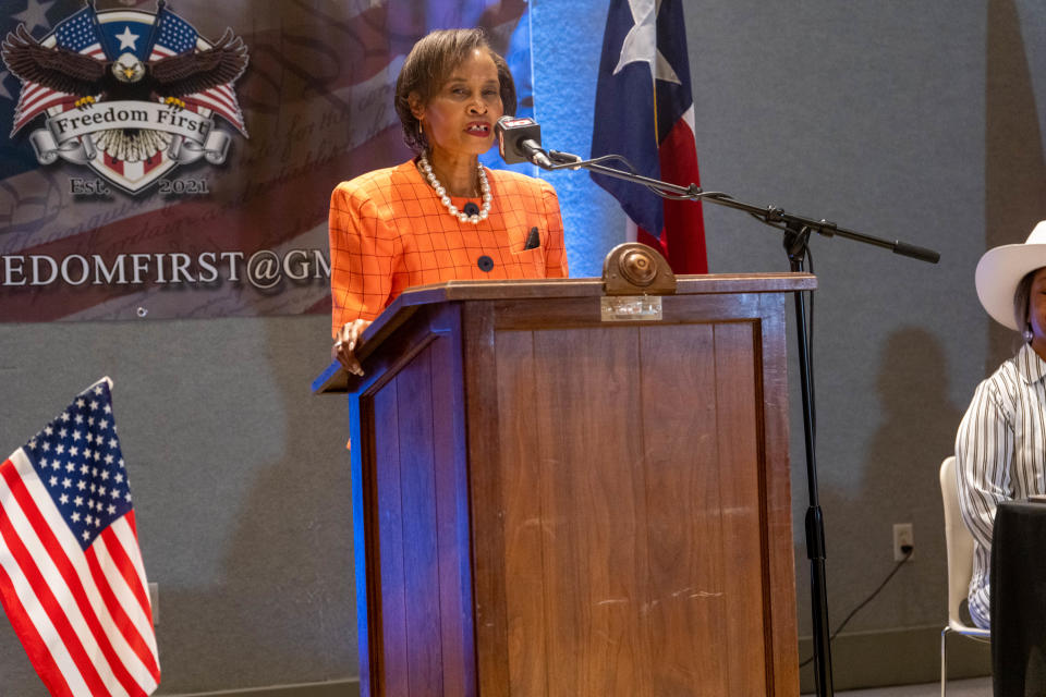 Mayoral candidate and current councilmember, Freda Powell  Don Collins addresses the crowd Tuesday night at the candidate debate held at the Amarillo Botanical Gardens.