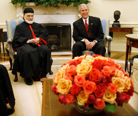 FILE PHOTO: U.S. President George W. Bush (R) meets with the Maronite Patriarch of Lebanon Nasrallah Sfeir in the Oval Office of the White House in Washington, May 21, 2008. REUTERS/Jason Reed/File Photo