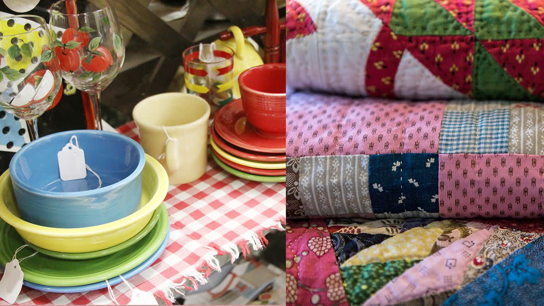 colorful fiestaware and quilts