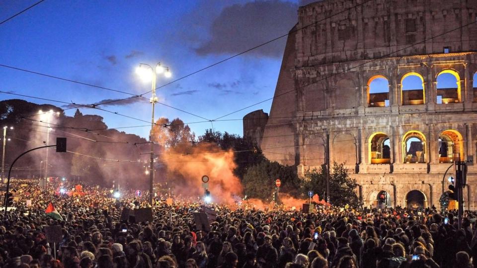 PHOTO: Women take part in demonstration in front of the Colosseum organized by the Italian movement 'Non una di meno' on Nov. 25, 2023 in Rome. (Laura Lezza/Getty Images)